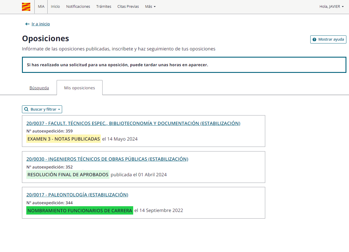 Pantalla que muestra la información disponible en el área temática de Oposiciones